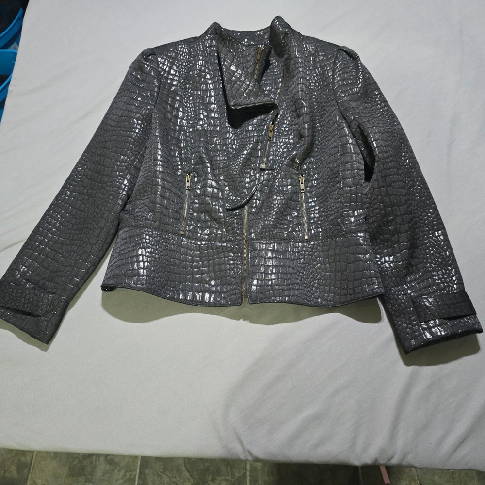 Worthington Moto Jacket Women XL Black Croc Embossed Metallic Zip Up NEW
